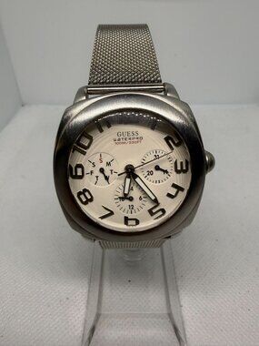 Guess Waterpro Mesh Band Mens Watch 100M Chronograph Silver Tone Whire Dial